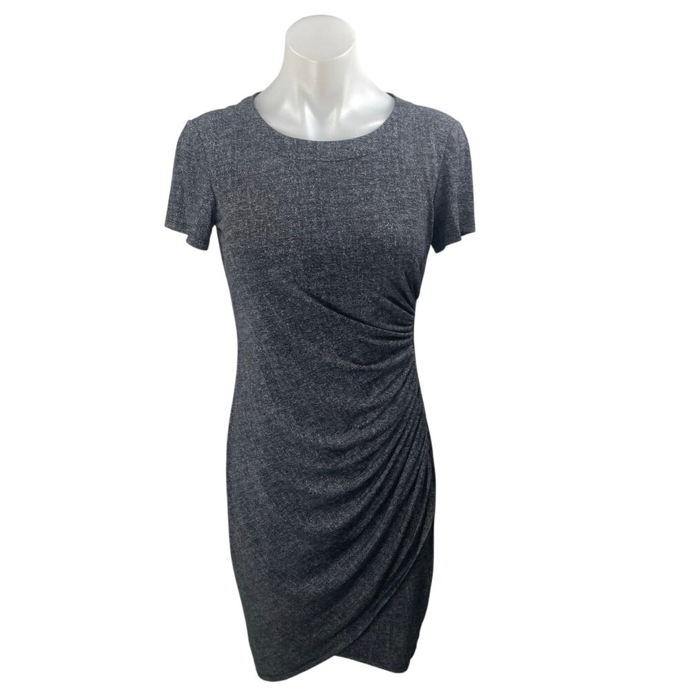 London Times Black Short Sleeve Round Neck Ruched T Shirt Mini Dress Size 4